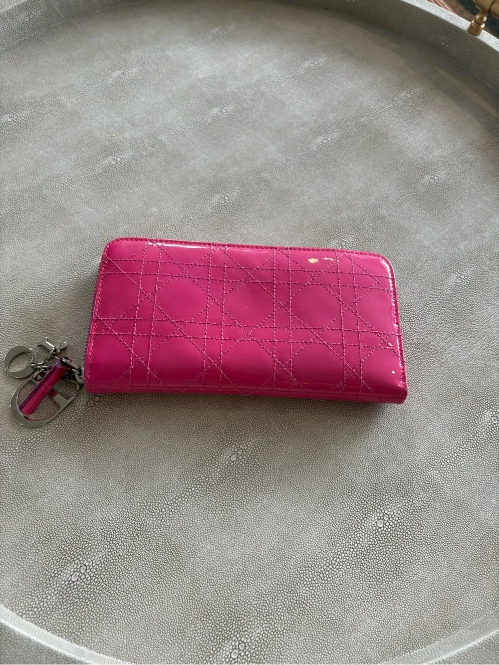 Dior Hot Pink Quilted Patent Zip-Around Wallet with Charm